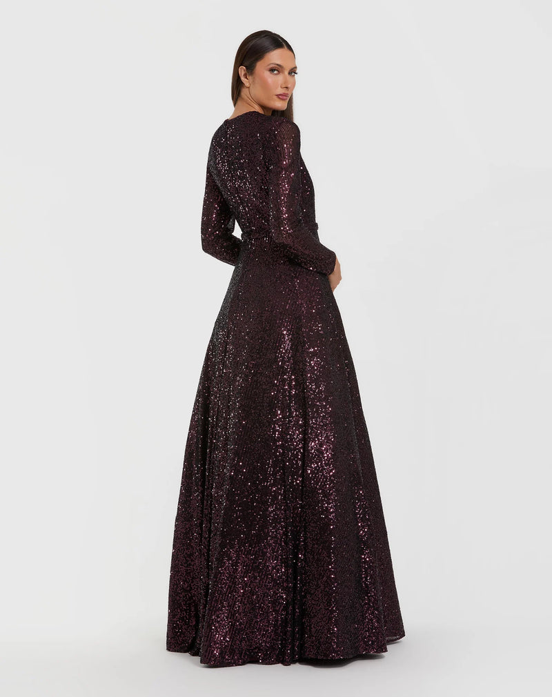 Mac Duggal Dark Purple Long Sleeve Sequin Ball Gown With 3D Flower Amethyst #69005