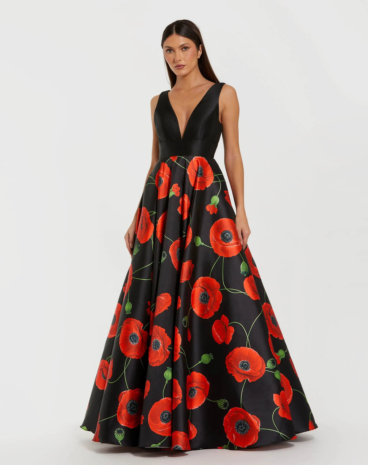 Mac Duggal #56181 poppy multi plunge neck ball gown with floral mikado skirt