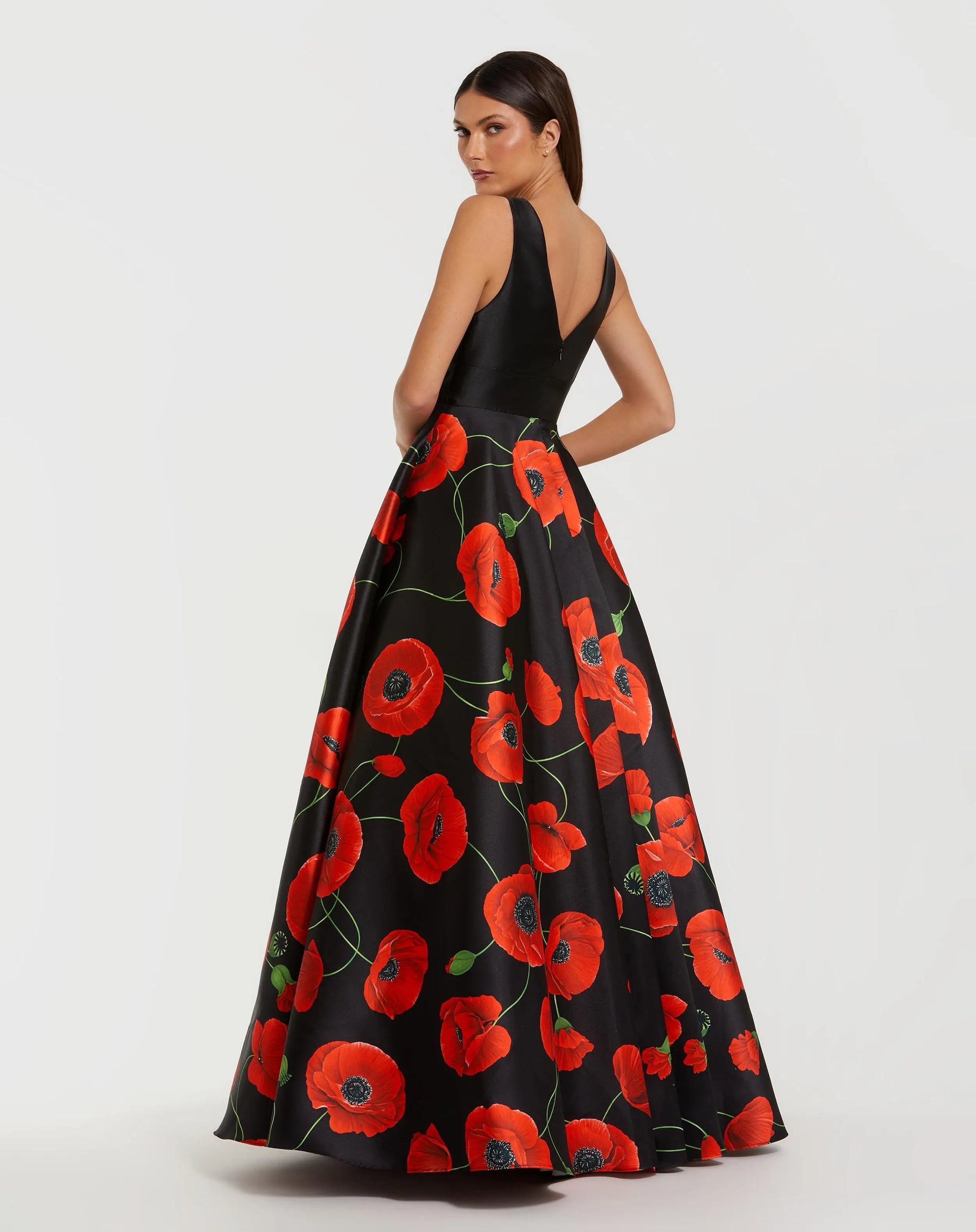 Mac Duggal #56181 poppy multi plunge neck ball gown with floral mikado skirt
