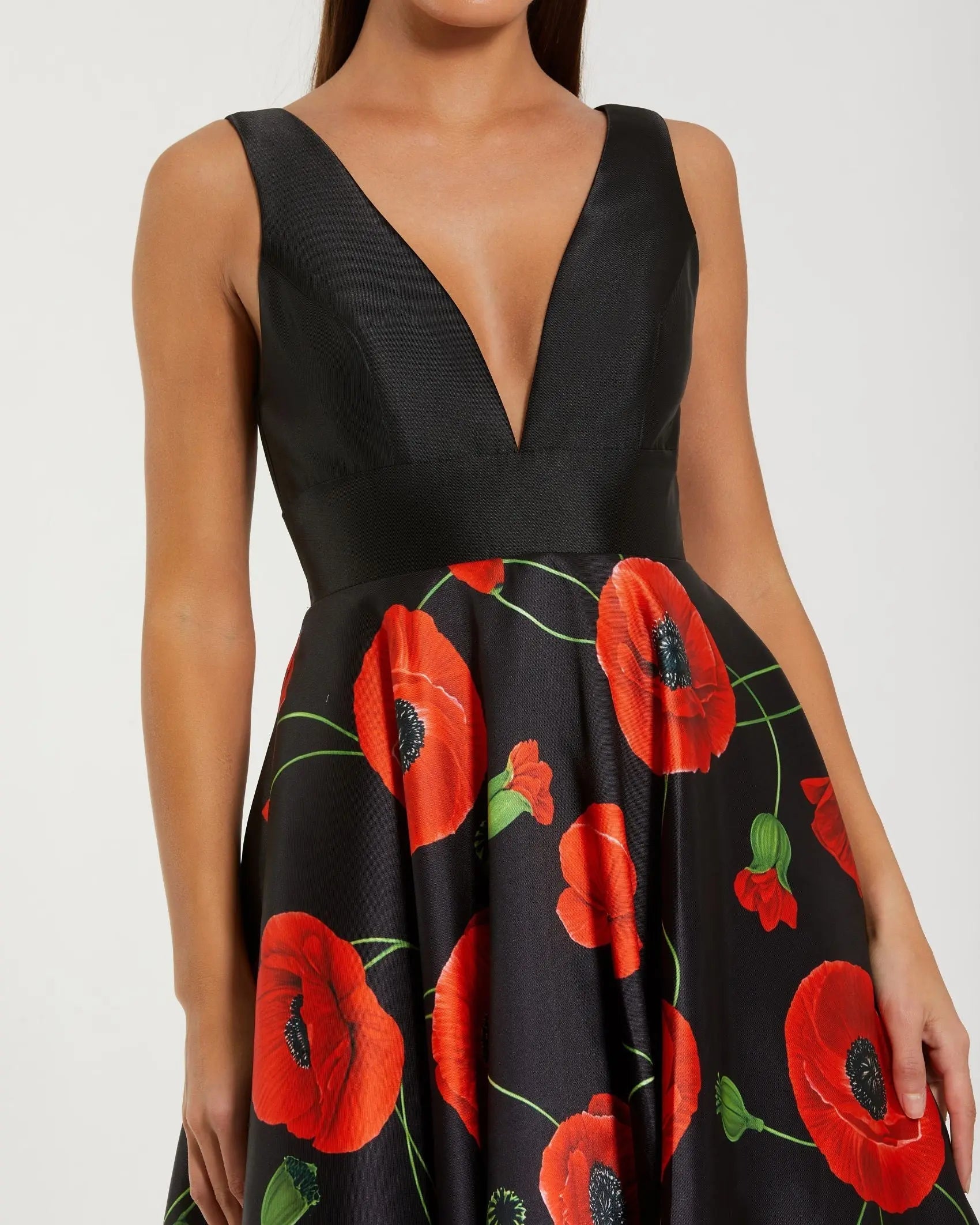 Mac Duggal #56181 poppy multi plunge neck ball gown with floral mikado skirt
