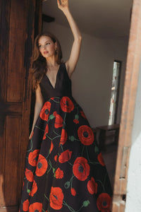 Mac Duggal #56181 poppy multi plunge neck ball gown with floral mikado skirt
