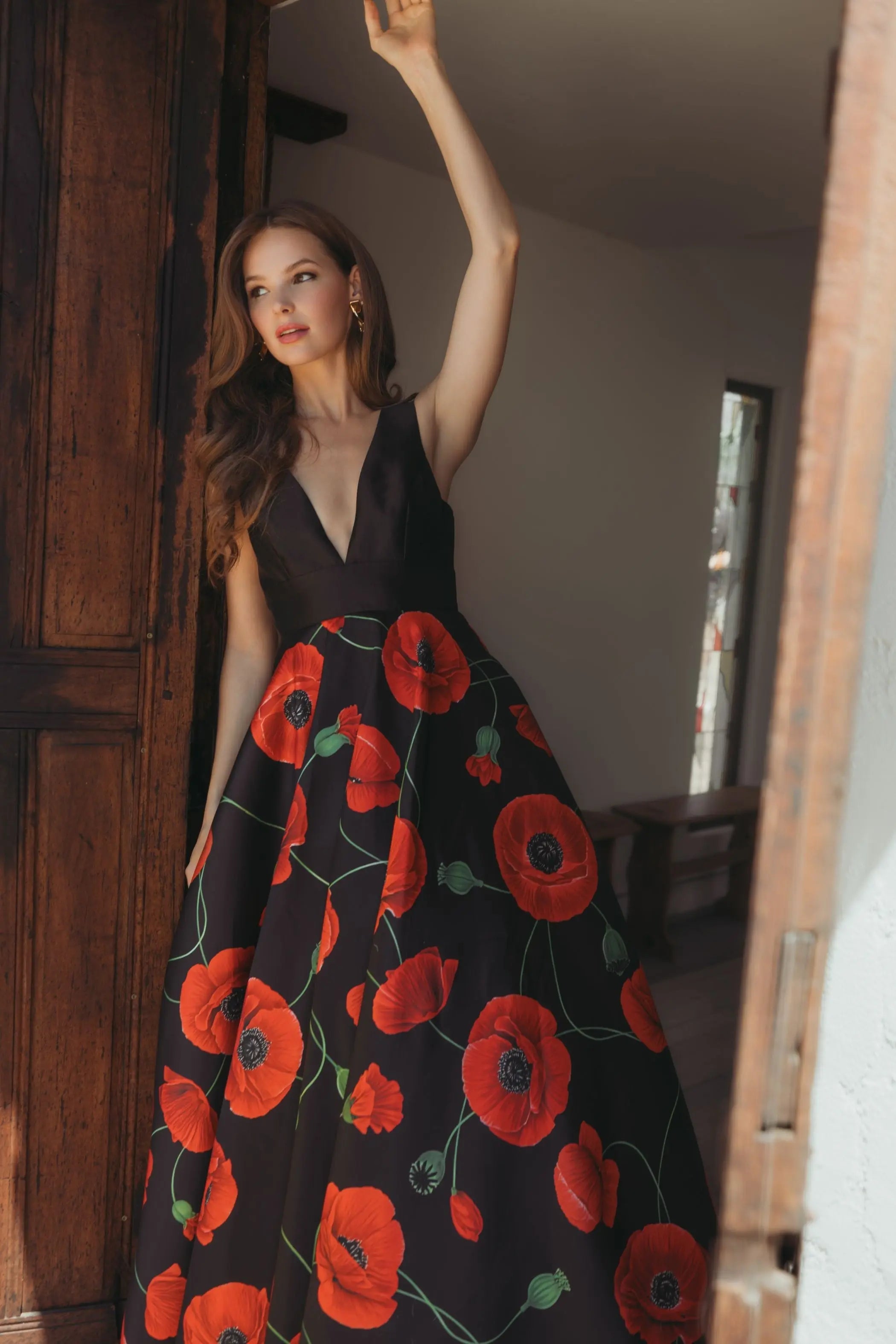 Mac Duggal #56181 poppy multi plunge neck ball gown with floral mikado skirt