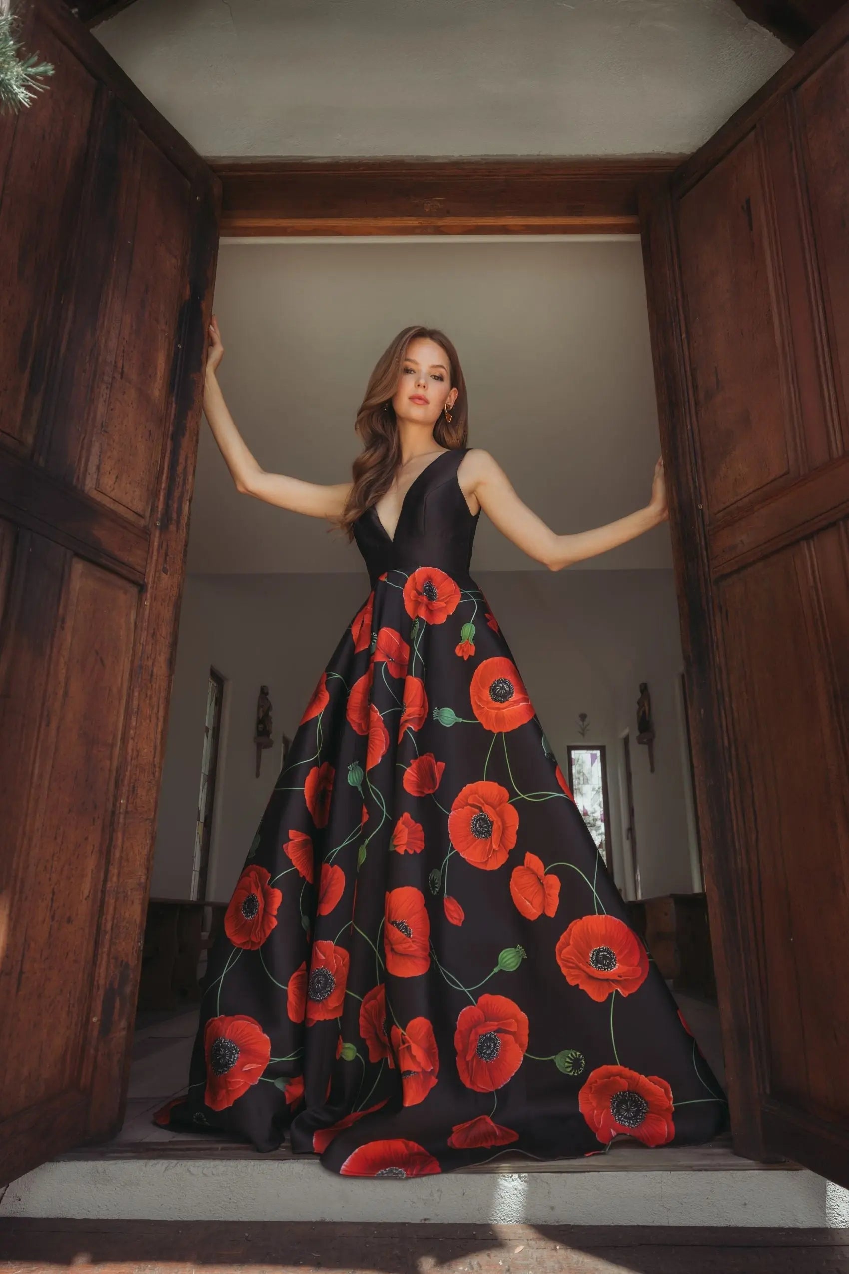Mac Duggal #56181 poppy multi plunge neck ball gown with floral mikado skirt