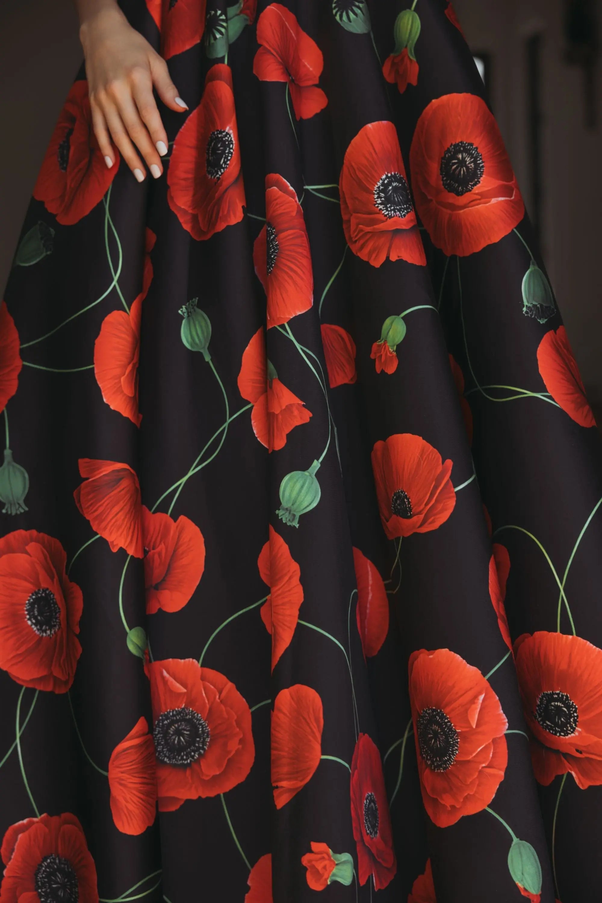 Mac Duggal #56181 poppy multi plunge neck ball gown with floral mikado skirt