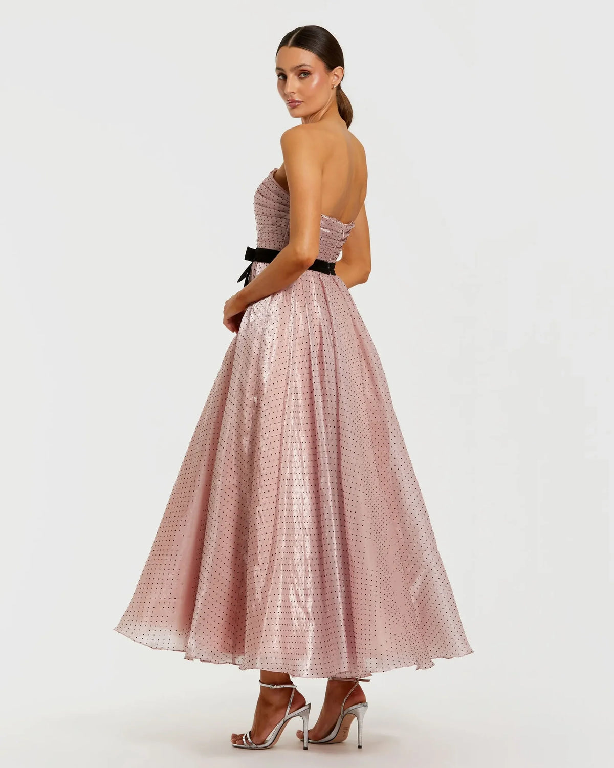 Mac Duggal Rose Pink Polka Dot Organza Strapless Midi Dress With Velvet Bow #56184