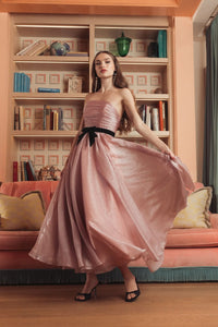 Mac Duggal Rose Pink Polka Dot Organza Strapless Midi Dress With Velvet Bow #56184