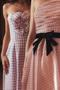 Mac Duggal Rose Pink Polka Dot Organza Strapless Midi Dress With Velvet Bow #56184