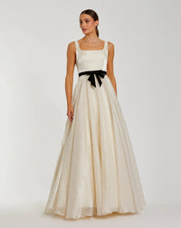 Mac Duggal 56185 Ivory polka dot square neck ball gown with bow - Front