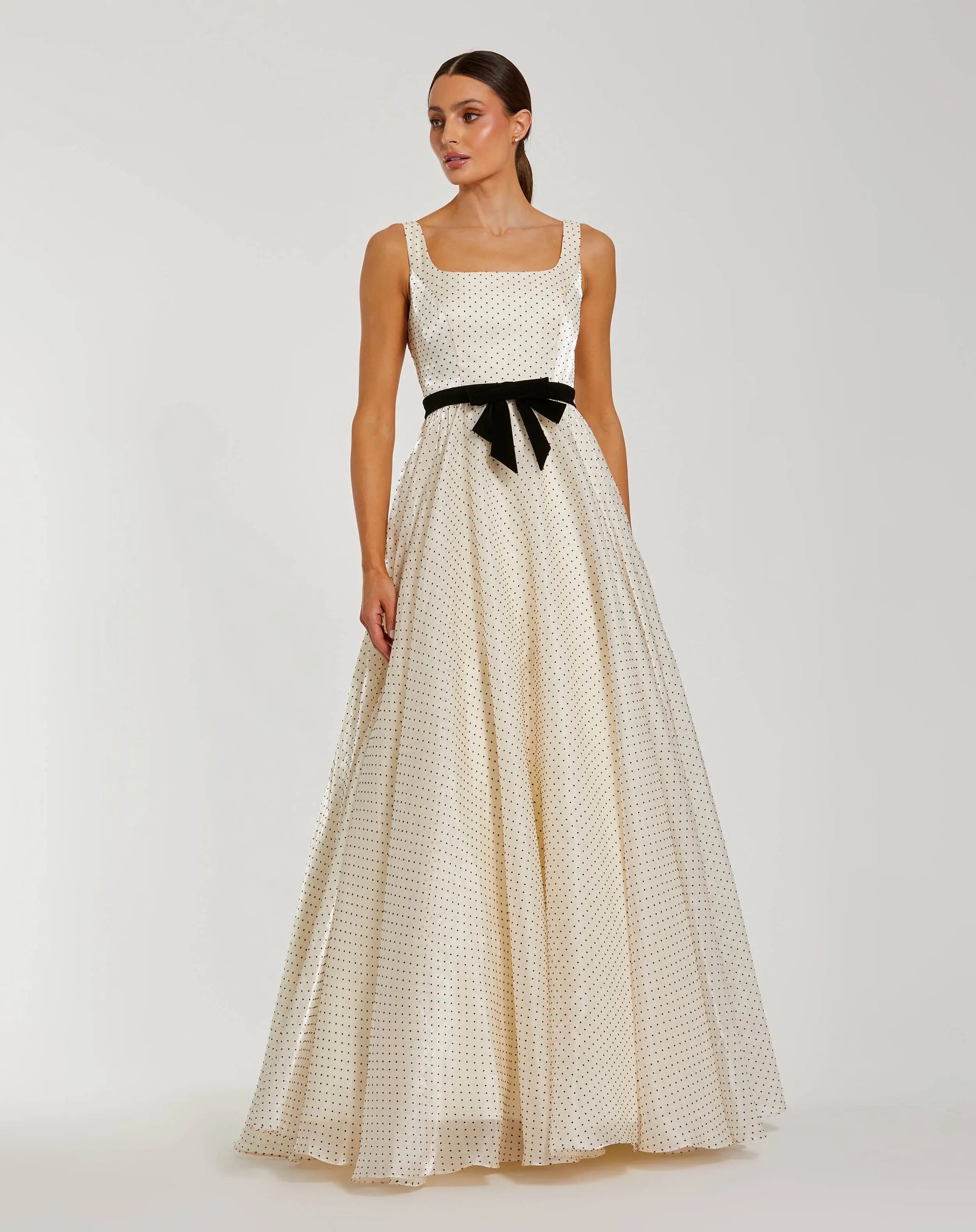 Mac Duggal 56185 Ivory polka dot square neck ball gown with bow - Front