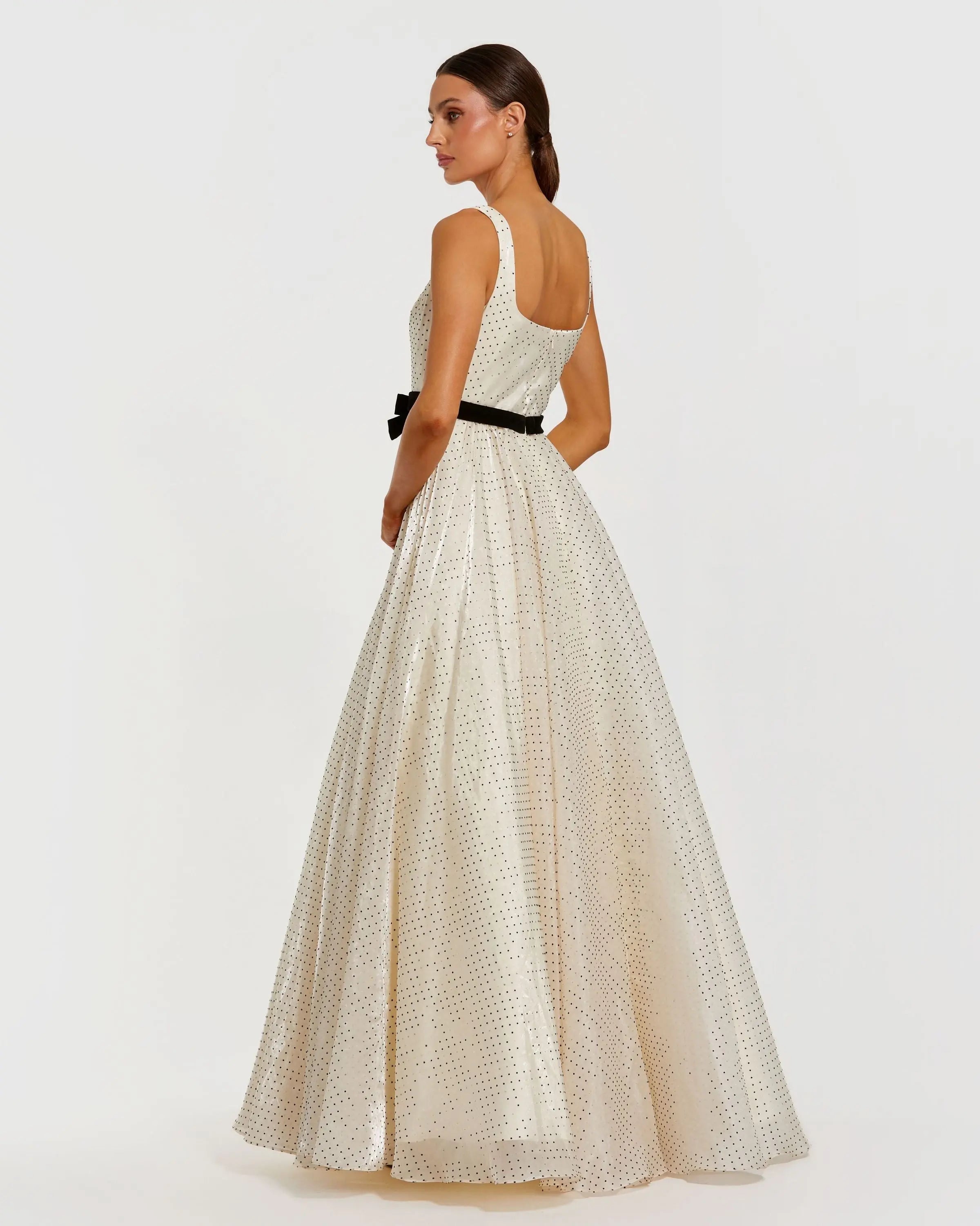 Mac Duggal 56185 Ivory polka dot square neck ball gown with bow - Back view
