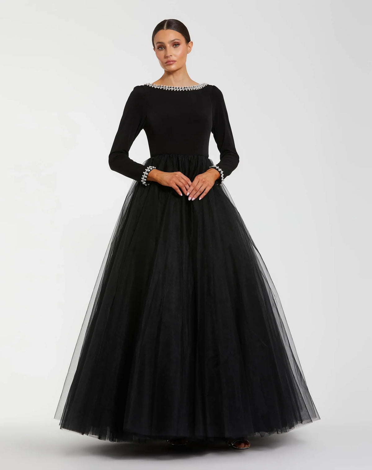 Mac Duggal Black Embellished Jersey Long Sleeve Ball Gown With Tulle Skirt #56186