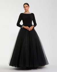 Mac Duggal Black Embellished Jersey Long Sleeve Ball Gown With Tulle Skirt #56186