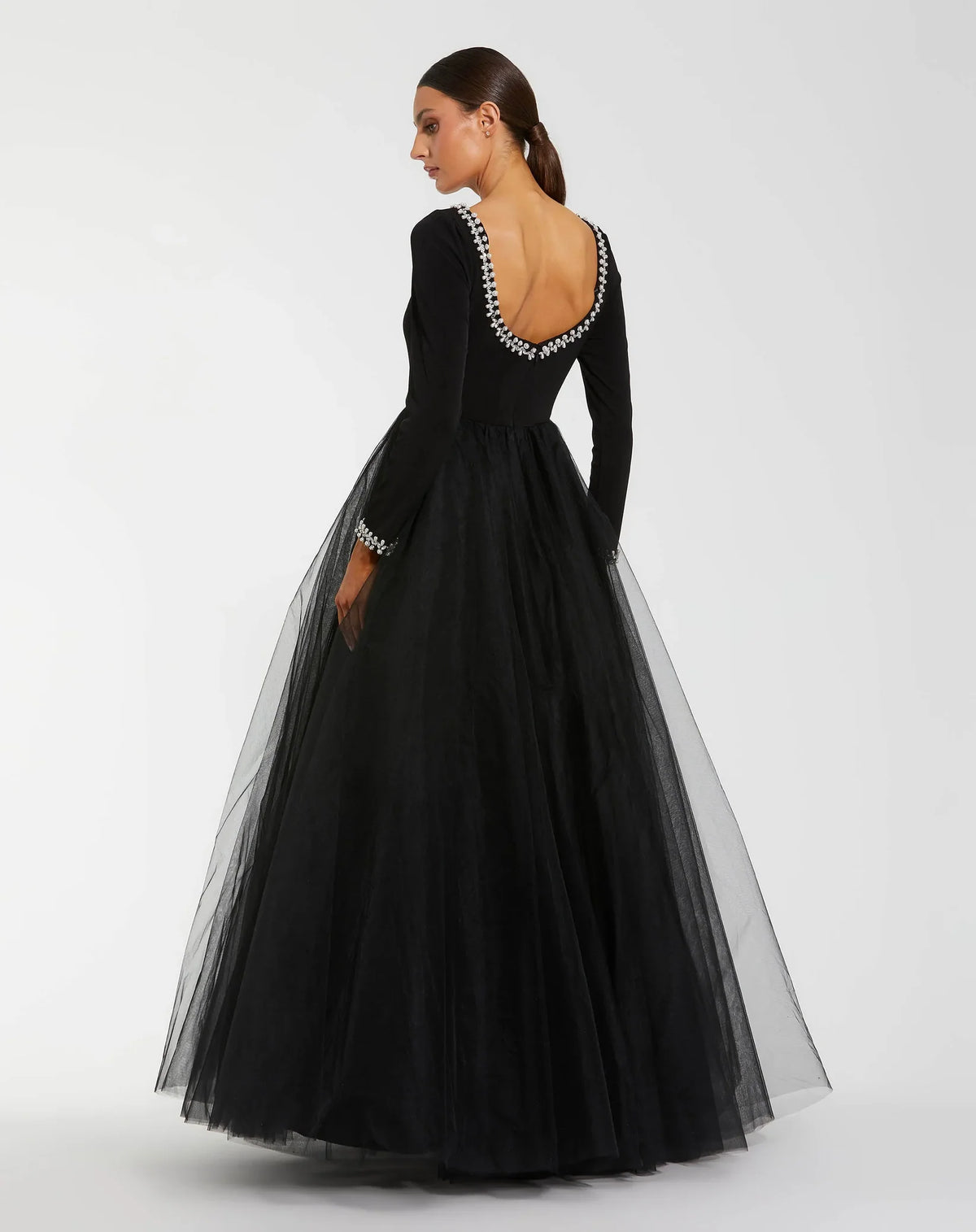 Black embellished jersey long sleeve tulle ball gown