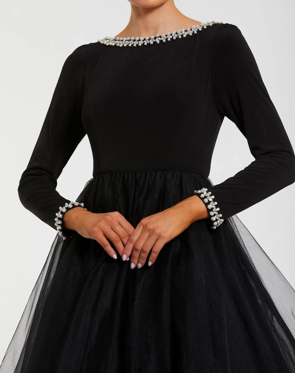 Black embellished jersey long sleeve tulle ball gown