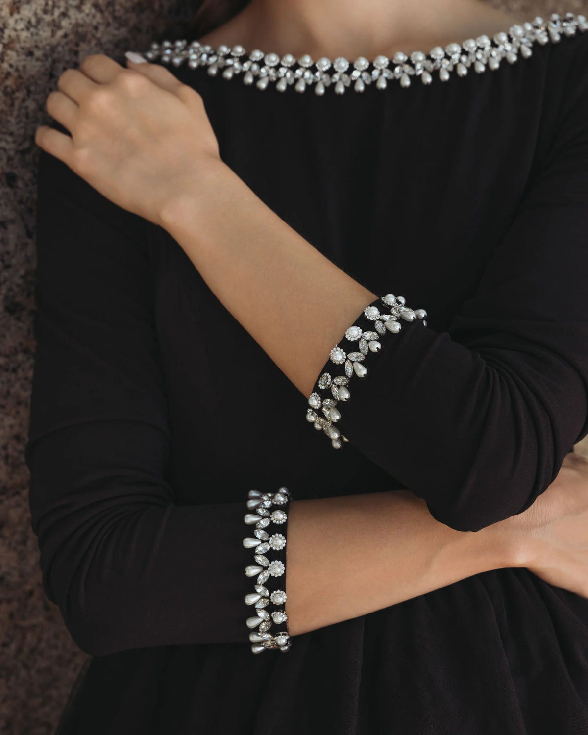 Black embellished jersey long sleeve tulle ball gown