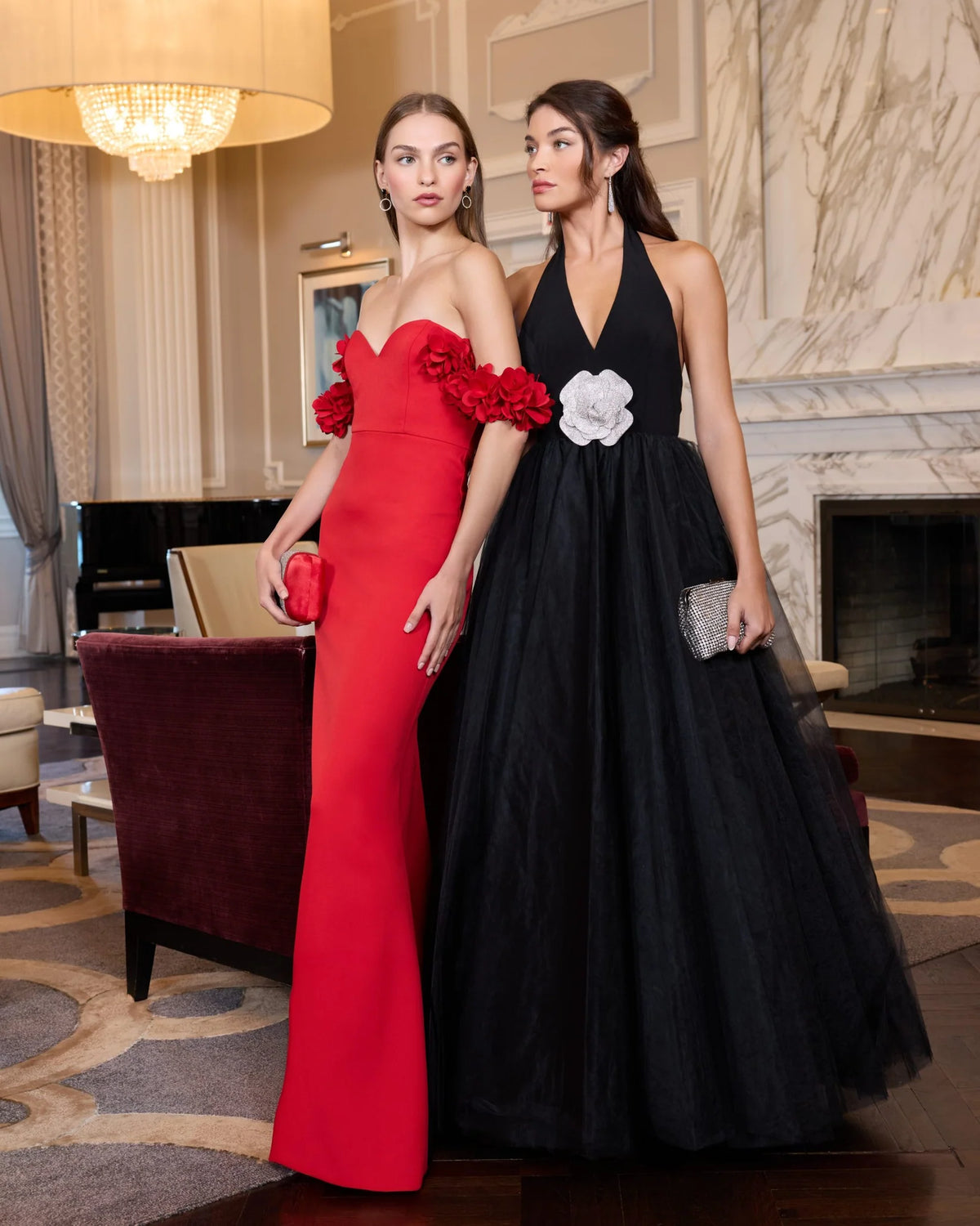 Black tulle halter neck ballgown with rhinestone flower