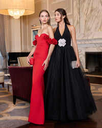 Halter Neck Ballgown with Rhinestone Flower - Black