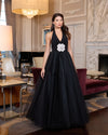 Halter Neck Ballgown with Rhinestone Flower - Black
