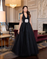 Halter Neck Ballgown with Rhinestone Flower - Black