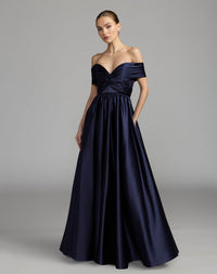 Mac Duggal #56188 midnight satin off the shoulder twist ball gown
