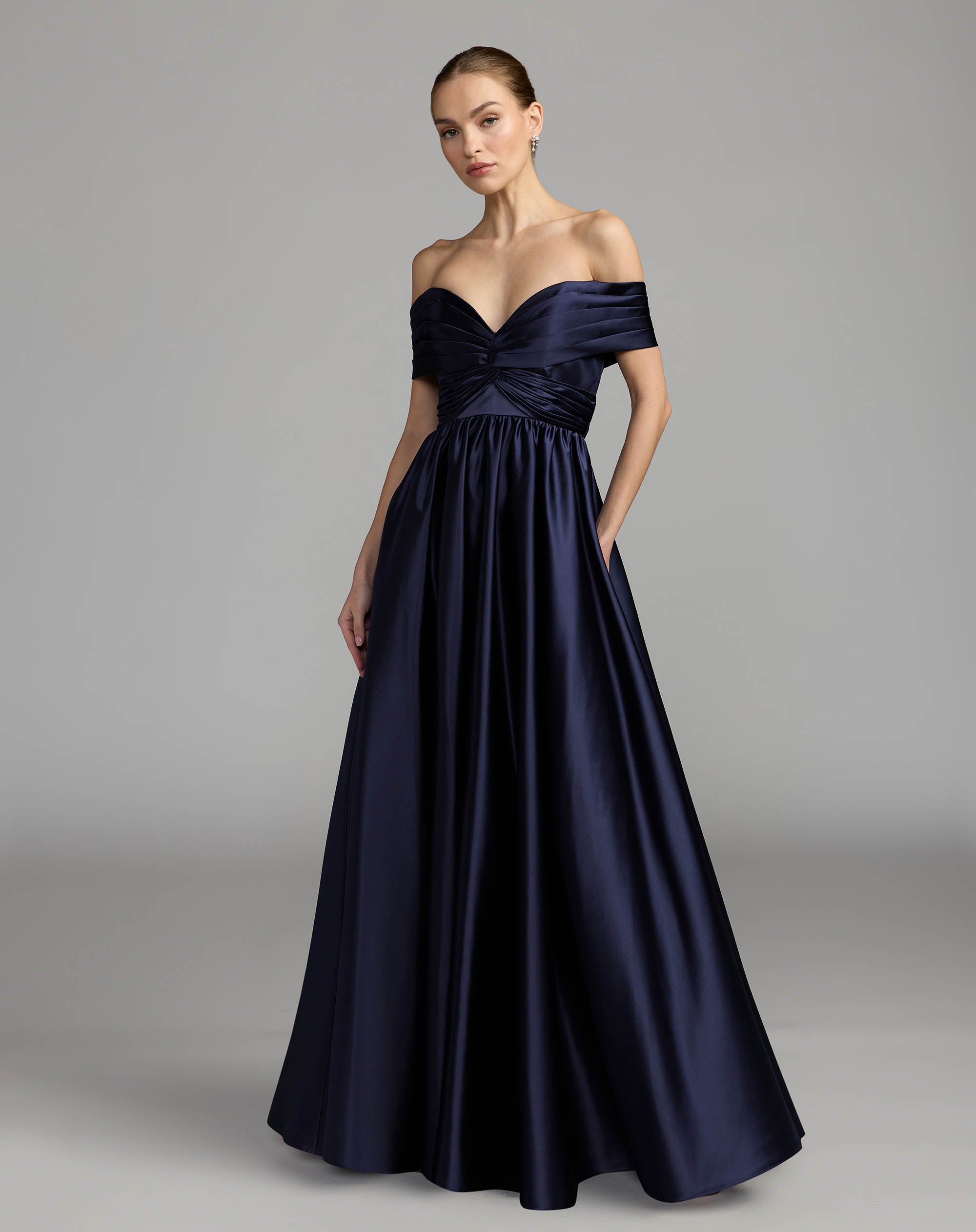 Mac Duggal #56188 midnight satin off the shoulder twist ball gown