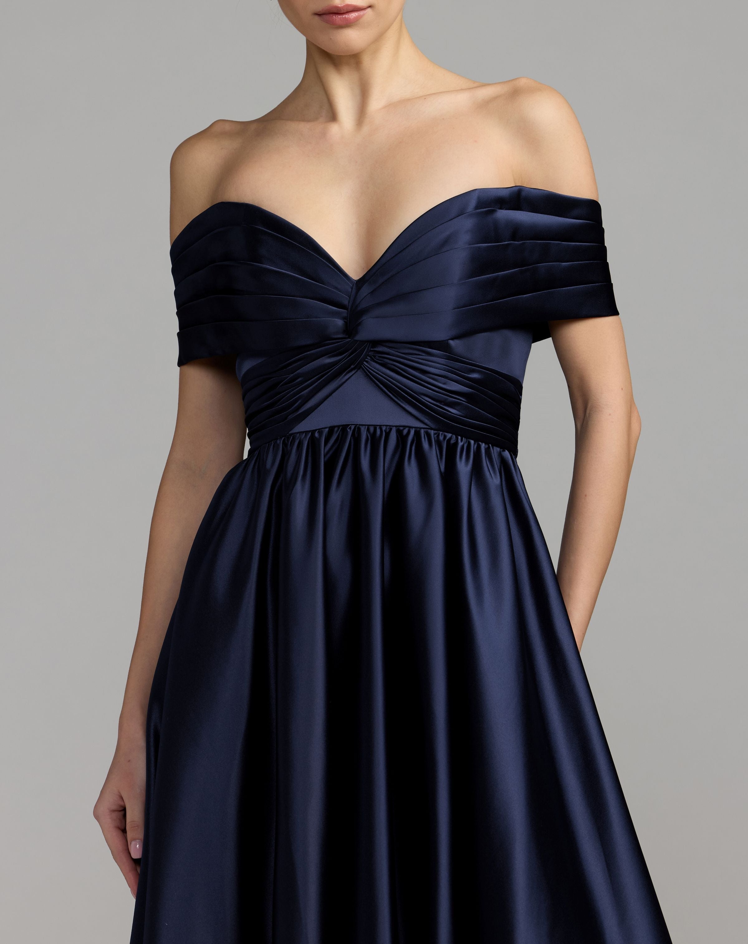 Mac Duggal #56188 midnight satin gown twisted knot bodice detail
