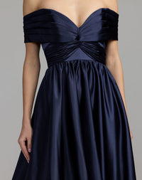 Mac Duggal #56188 midnight satin gown off the shoulder sleeve detail