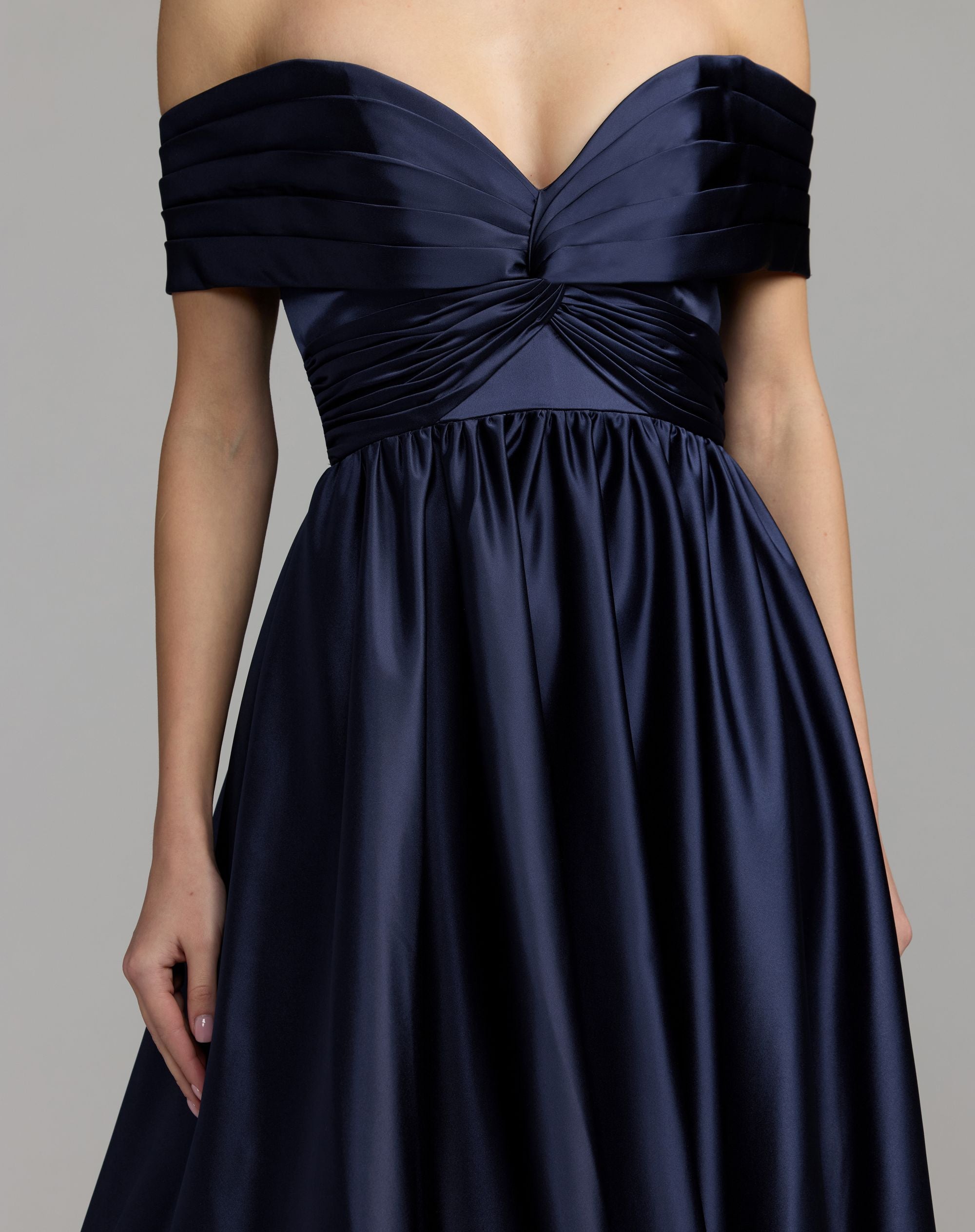 Mac Duggal #56188 midnight satin gown off the shoulder sleeve detail