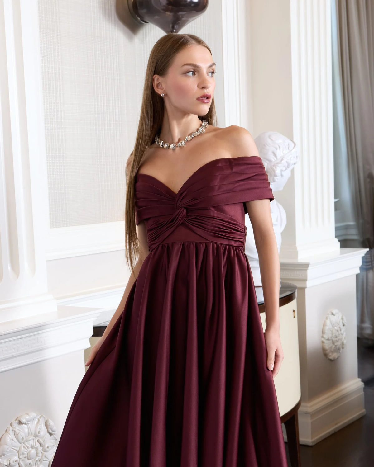 Mac Duggal Burgundy Satin Off The Shoulder Twist Evening Ball Gown Wine #56188
