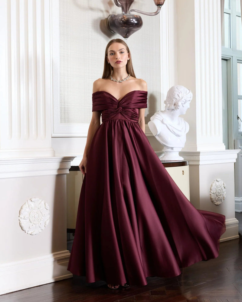 Mac Duggal Burgundy Satin Off The Shoulder Twist Evening Ball Gown Wine #56188