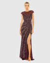 Embellished illusion high neck cap sleeve gown - Nude