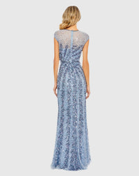 Embellished illusion high neck cap sleeve gown - Nude
