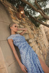 Embellished illusion high neck cap sleeve gown - French Blue