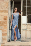 Embellished illusion high neck cap sleeve gown - French Blue
