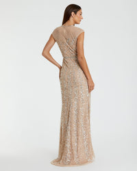 Embellished illusion high neck cap sleeve gown - Nude
