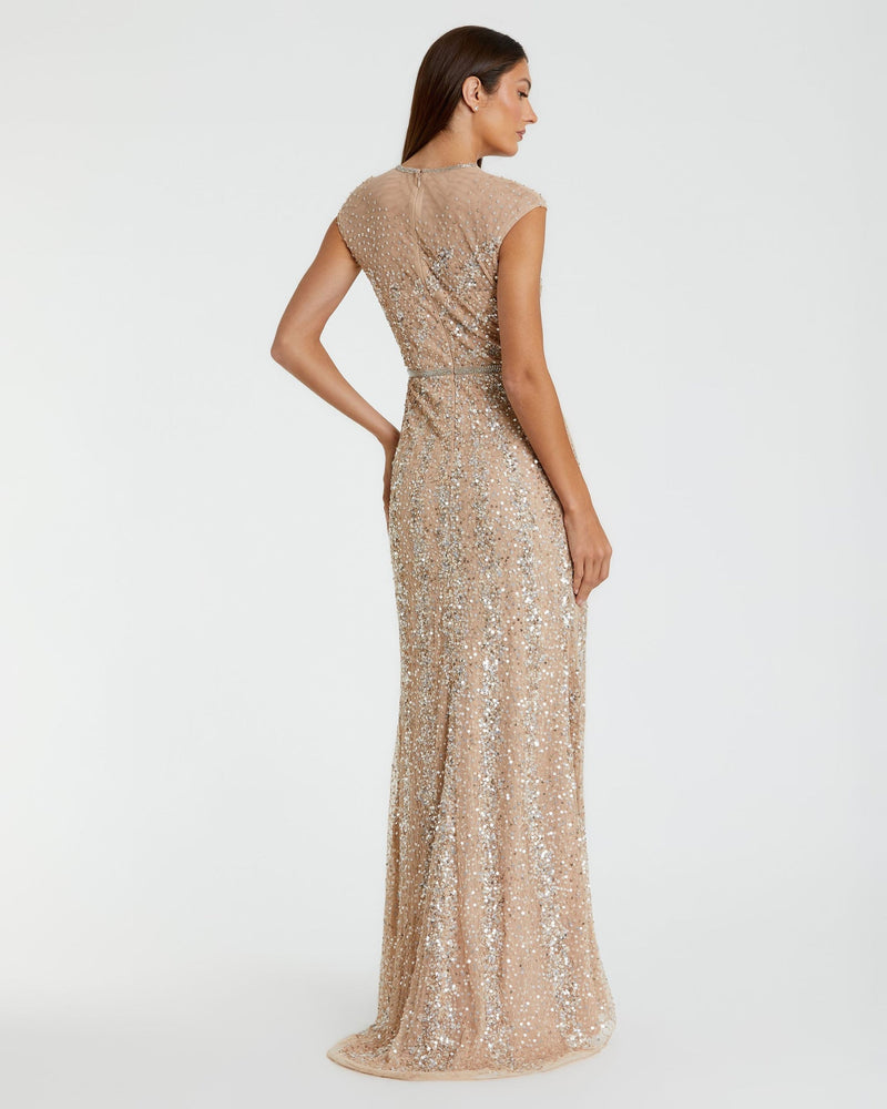 Embellished illusion high neck cap sleeve gown - Nude
