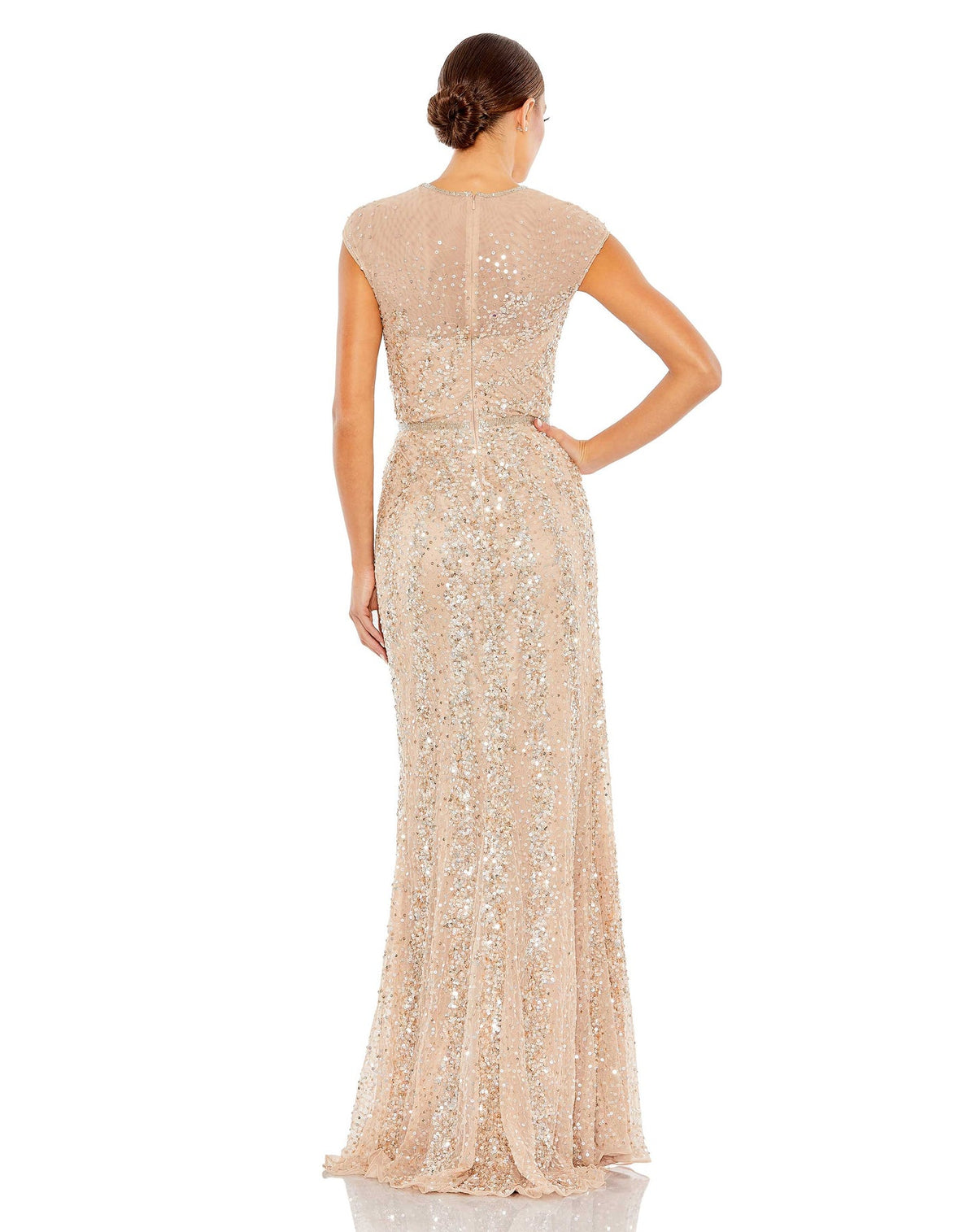 Mac Duggal Style #5619 Embellished illusion high neck cap sleeve gown - Nude back view