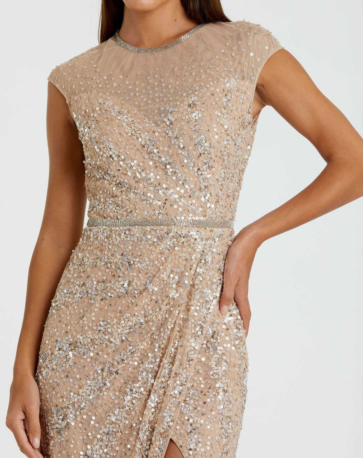 Embellished illusion high neck cap sleeve gown - Nude