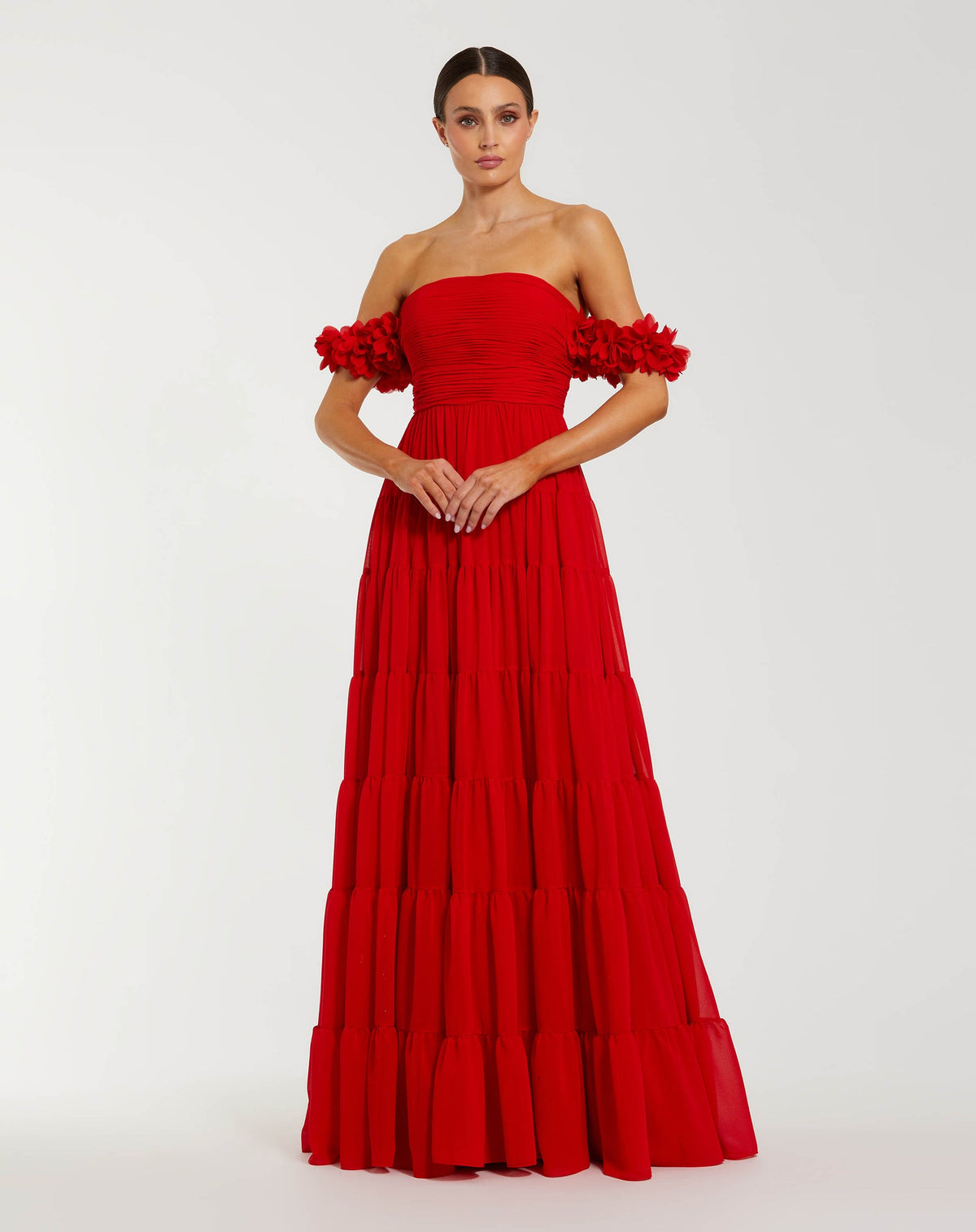 Mac Duggal Red Off The Shoulder Tiered Gown With 3D Flowers #56191