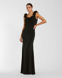 Mac Duggal #56195 black gold cowl neck jersey gown with 3D flower straps