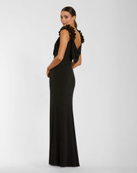 Mac Duggal #56195 black gold cowl neck jersey gown with 3D flower straps back