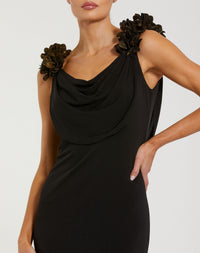 Mac Duggal #56195 black gold cowl neck jersey gown with 3D flower straps close-up