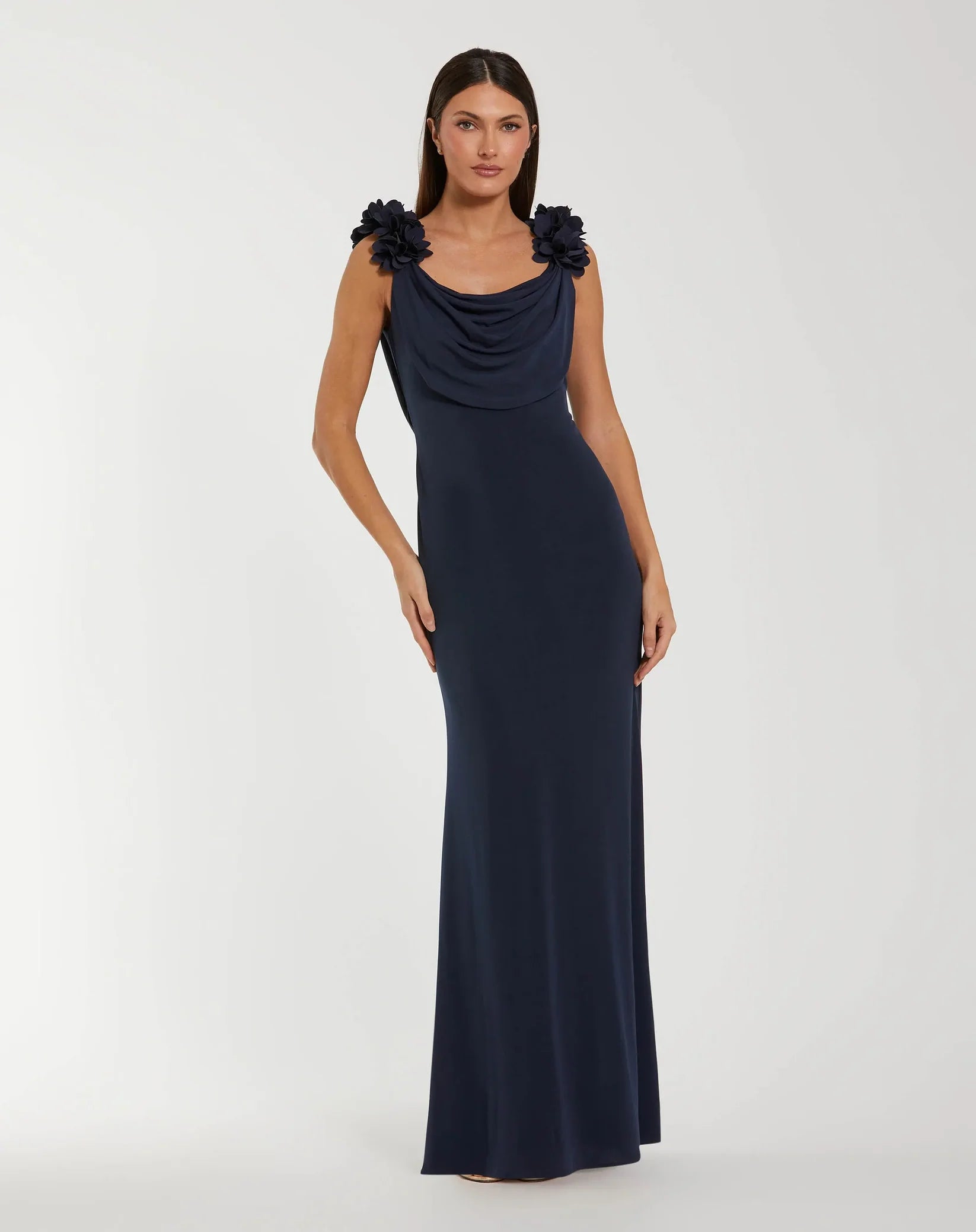 Mac Duggal Navy Cowl Neck Jersey Gown With 3D Flower Straps #56195 Midnight Blue