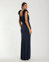 Mac Duggal Navy Cowl Neck Jersey Gown With 3D Flower Straps #56195 Midnight Blue