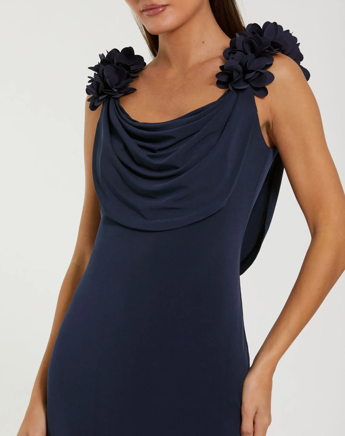Mac Duggal Navy Cowl Neck Jersey Gown With 3D Flower Straps #56195 Midnight Blue