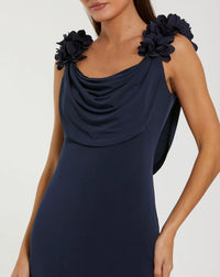 Mac Duggal Navy Cowl Neck Jersey Gown With 3D Flower Straps #56195 Midnight Blue