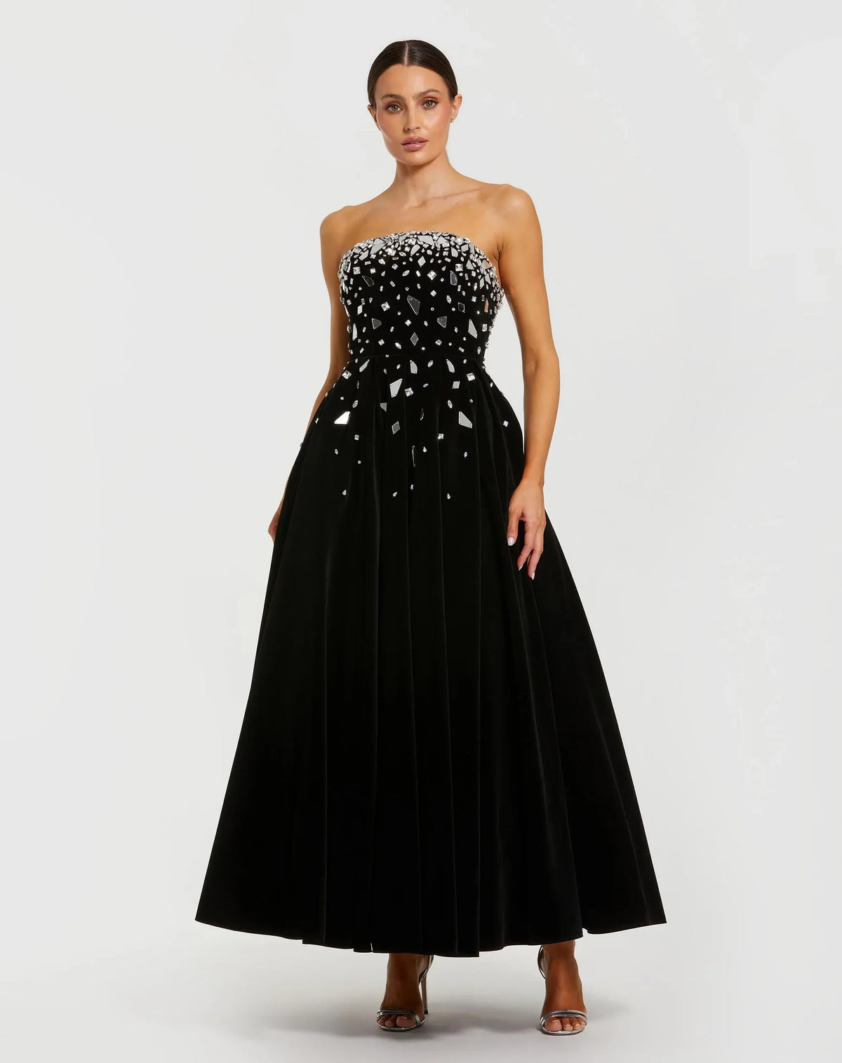 Mac Duggal Black Velvet Strapless A-Line Midi Dress with Embellishments #56197
