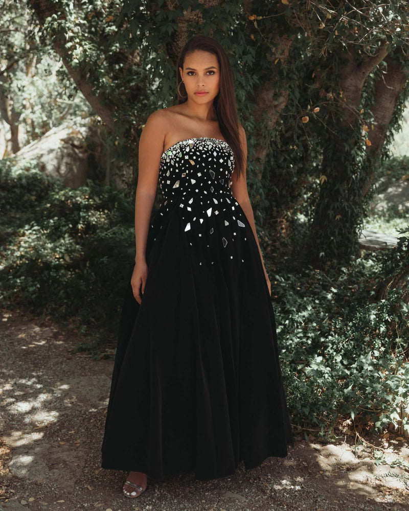 Mac Duggal Black Velvet Strapless A-Line Midi Dress with Embellishments #56197