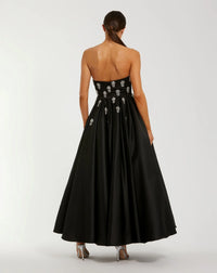 Crystal Embellished Strapless Satin A-Line Dress - Black