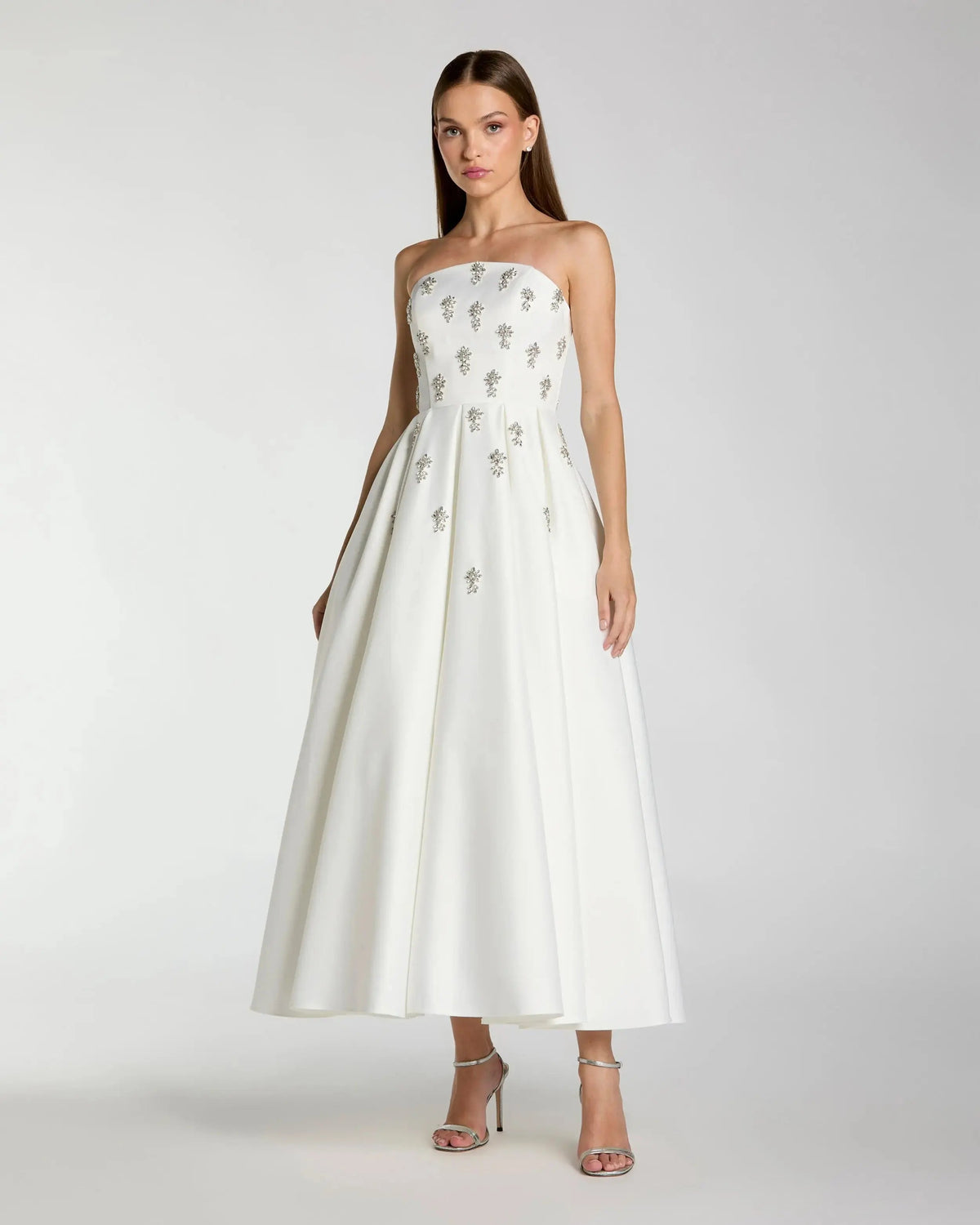 Mac Duggal #56199 ivory strapless crystal embellished satin A-line gown